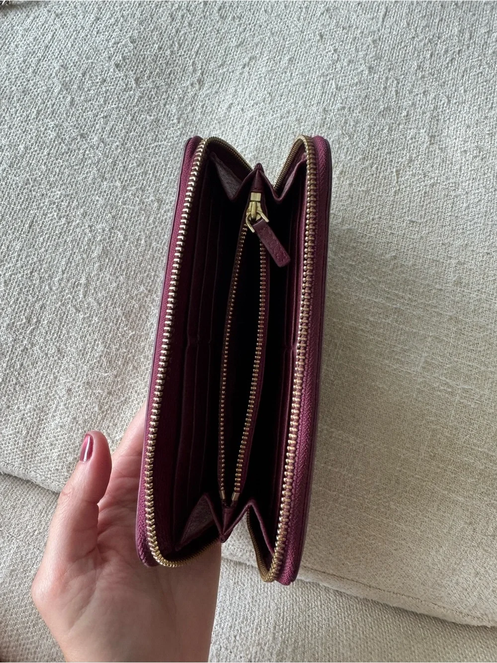 Tory Burch Leather Zip Wallet in Burgundy with Gold Logo